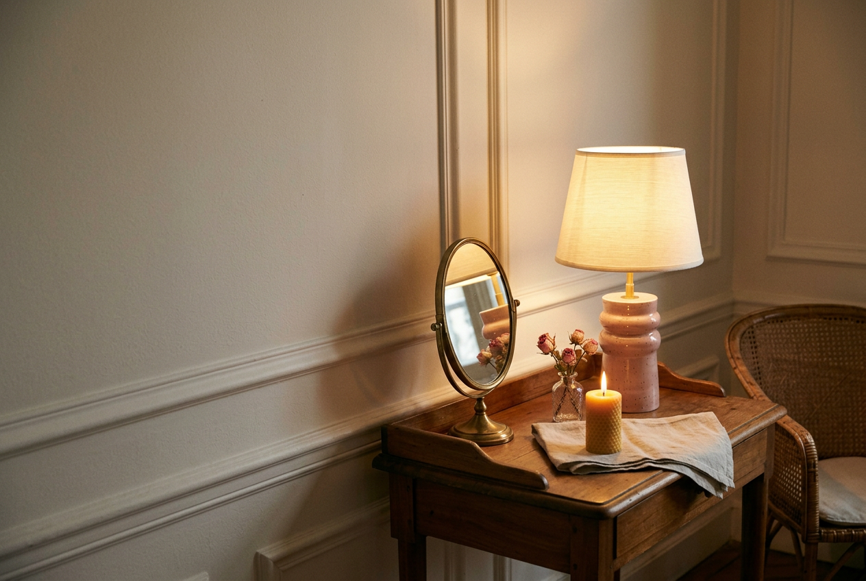 Pink ceramic lamp on a dressing table in the evening